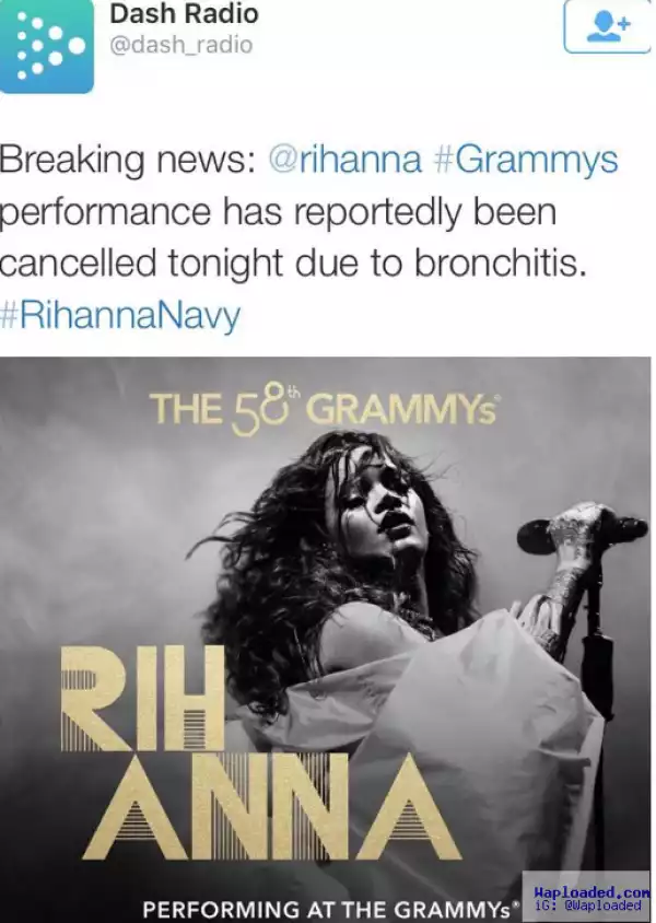 Rihanna cancels Grammy performance
